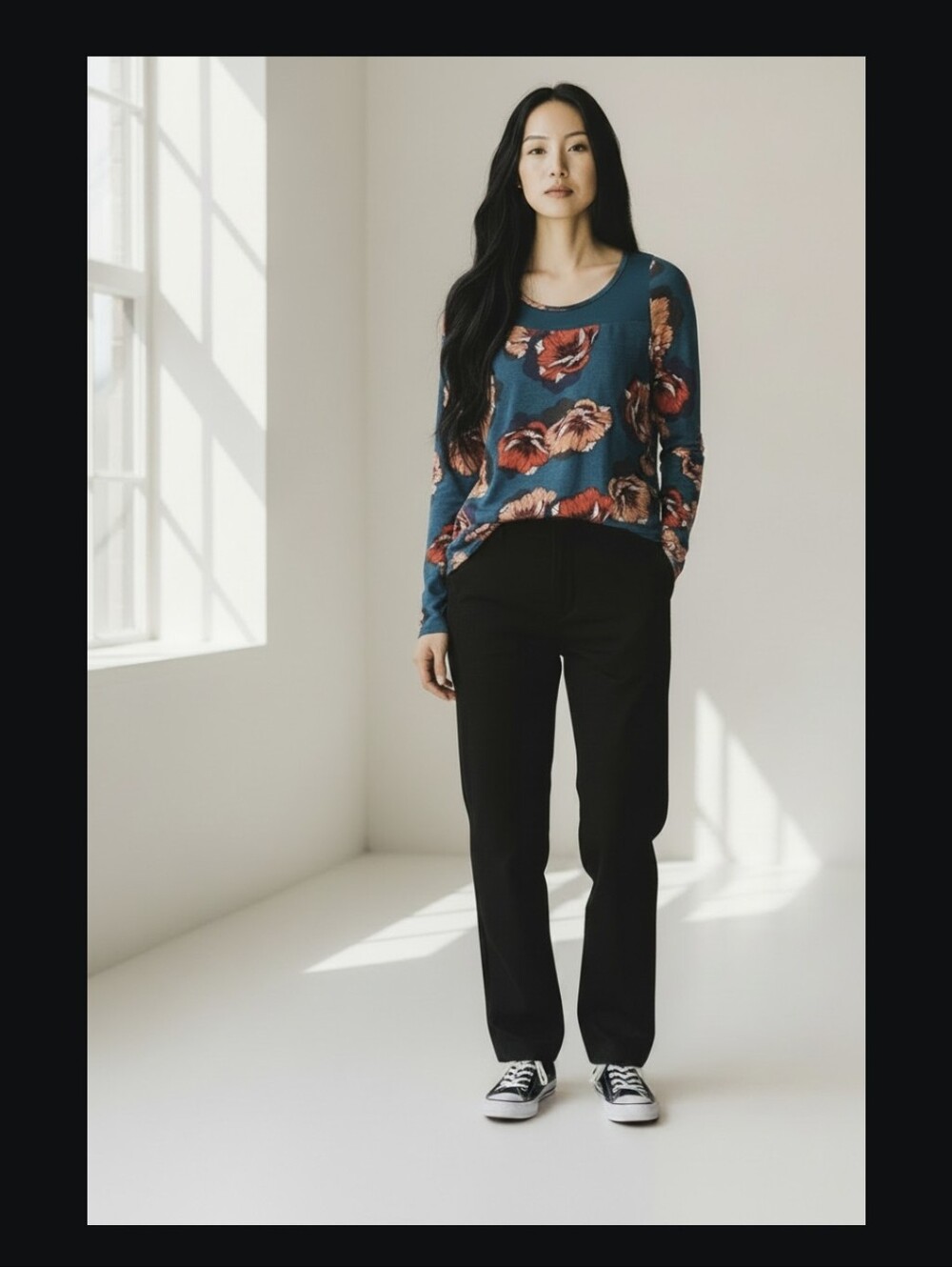 ANDREE BY UNIT Teal Long-Sleeve Floral Top with Red and Peach Blooms-small